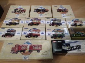 Thirteen Corgi classic vehicles, including three two van sets, Whitbread, Terrys and LMS, seven