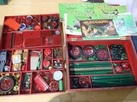 Wooden Meccano set box with two lift out trays (no 9/10) containing a quality of mostly red/green