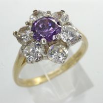 9ct gold cluster ring set with amethyst and cubic zirconia, size O/P, 3.2g. UK P&P Group 0 (£6+VAT