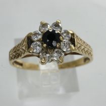 9ct gold cluster ring set with sapphire and cubic zirconia, size M, 2.1g. UK P&P Group 0 (£6+VAT for