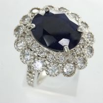 925 silver ring set with sapphire and cubic zirconia, size O, 6g. UK P&P Group 0 (£6+VAT for the