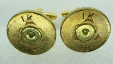 Pair of yellow metal Trench Art bullet cap cufflinks, face D: 20 mm. UK P&P Group 0 (£6+VAT for