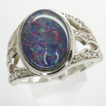 925 silver ring set with an Australian opal and cubic zirconia, size T, 6g. UK P&P Group 0 (£6+VAT