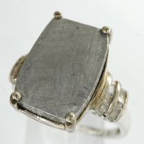 925 silver ring set with meteorite and diamond shoulders, size T. 6.6g. UK P&P Group 1 (£16+VAT