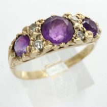 9ct gold ring set with amethysts and diamonds, size N/O, 2.7g. UK P&P Group 0 (£6+VAT for the