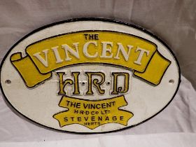 Cast iron Vincent motorcycle plaque, W: 30 cm. UK P&P Group 1 (£16+VAT for the first lot and £2+