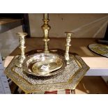 Mixed brass items including candlesticks. Not available for in-house P&P