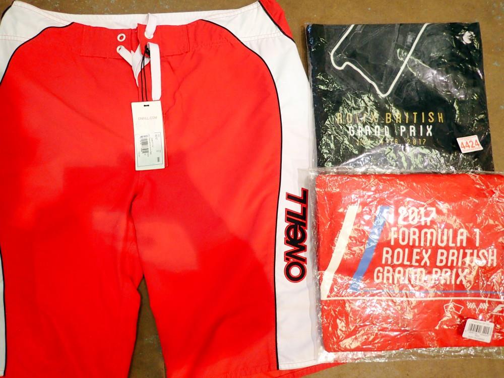 Two Grand Prix t-shirts and a pair of O'Neil shorts with tags. Not available for in-house P&P