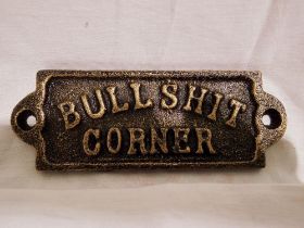 Cast iron bronzed Bull**** corner sign, W: 80 mm. UK P&P Group 1 (£16+VAT for the first lot and £2+