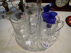 Glass comport with two Esso pint glasses and two blue glass vases. Not available for in-house P&P