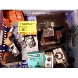 Tray of mixed camera and accessories to include Polaroid super swingler in case. Not available for