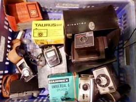 Tray of mixed camera and accessories to include Polaroid super swingler in case. Not available for