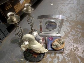 Small quantity of mixed items to include a pair of metal candle sticks. Not available for in-house