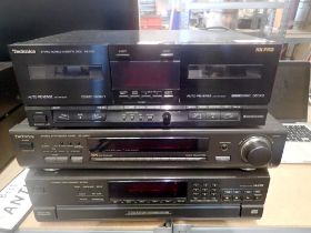 Three pieces of Technics Hifi, RS-X501 Twin cassette deck, ST-GT550 Tuner and an SC-PD6 5 disc CD