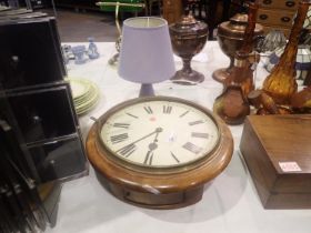 Oak cased wall clock and a ceramic lamp. All electrical items in this lot have been PAT tested for