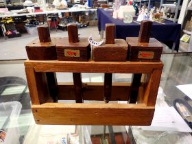 Four mortise gauges in wood stand to include Footprint. Not available for in-house P&P