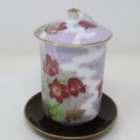 Oriental floral covered pot and cover on stand, no cracks or chips, H: 14 cm. UK P&P Group 1 (£16+