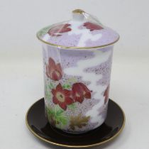 Oriental floral covered pot and cover on stand, no cracks or chips, H: 14 cm. UK P&P Group 1 (£16+