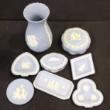 Eight pieces of Wedgwood Jasperware, slight scrapes visible but no cracks or chips, largest H: 22