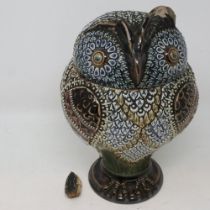 Doulton Lambeth owl tobacco jar, base inscribed gg (Mary A Goode) and EM, with damage to eyebrows,