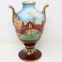 Caverswall China hand painted twin handled urn of The Rialto Bridge Venice, by R.A Shottlebotham,