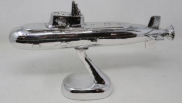 Chrome submarine on base, L: 36 cm. UK P&P Group 3 (£30+VAT for the first lot and £8+VAT for