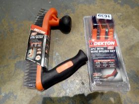 New unused three piece wire brush set and a twin handled wire brush. UK P&P Group 1 (£16+VAT for the