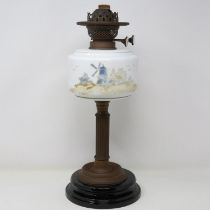 Brass and milk glass oil lamp, H: 45 cm. Not available for in-house P&P