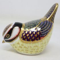 Royal Crown Derby blue tit paperweight, lacking stopper, no cracks or chips, L: 90 mm. UK P&P