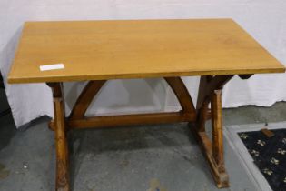 An early 20th century pine ecclesiastical alter table with Gothic arched frame, 112 x 60 x 72 cm