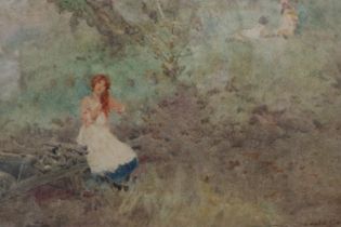 Oswald Garside (1879-1942): watercolour, young girl braiding her hair sitting next a wheelbarrow,