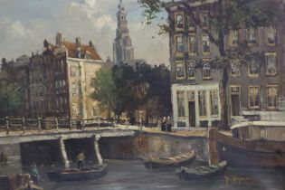 A 19th century Dutch oil on canvas, canal scene, indistinctly signed (Keymann?), 91 x 60 cm. Not