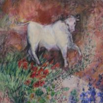 Libby Anderson (contemporary): mixed media on paper, bull in a field, dated 1987, 36 x 53 cm. Not