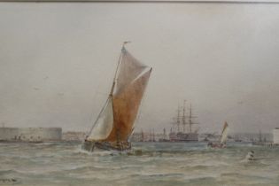 George Gregory (1849-1938): watercolour, shipping at Portsmouth Harbour entrance 1907, 35 x 20 cm.