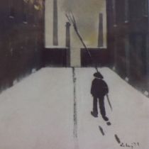 Harold Riley (1934-2023): artist signed lithograph, The Knocker-up, 11 x 19 cm. Not available for