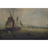 An unattributed 19th century oil on canvas, masted ships and fishing boats with lobster baskets in a