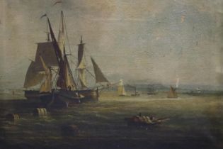 An unattributed 19th century oil on canvas, masted ships and fishing boats with lobster baskets in a