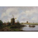 W Van Ourt (Dutch, 19th century): oil on canvas canal scene with windmills, 84 x 54 cm. Not