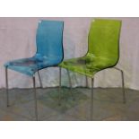 Roberto Foschia Italian design pair of coloured perspex chairs on chromed frames. Not available