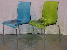 Roberto Foschia Italian design pair of coloured perspex chairs on chromed frames. Not available