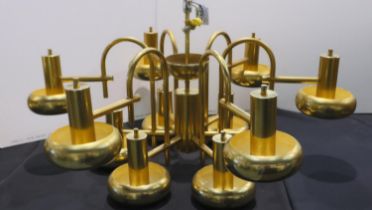 Large 1960s brass twelve lamp ceiling light, D: 90 cm. Not available for in-house P&P