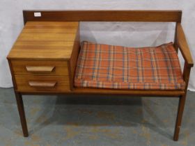 A mid 20th century teak telephone table with two drawers. Not available for in-house P&P