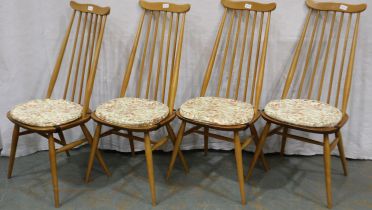 A set of four Ercol blonde elm chairs in the Goldsmith design. Not available for in-house P&P