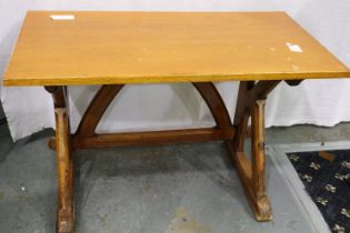 An early 20th century pine ecclesiastical alter table with Gothic arched frame, 112 x 60 x 72 cm