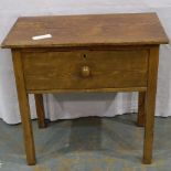 A 29th century pine single draw table, later varnished, heavy wear to top. Not available for in-