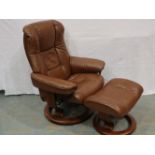 Stressless: A modern brown leather reclining easy chair with footstool. Not available for in-house