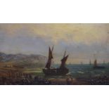Unattributed 19th century oil on board, ship at sea, 22 x 38 cm. Not available for in-house P&P