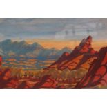 Ewald Namatjira (Australian, 1930-1984): watercolour, Australian outback landscape, 26 x 17 cm.