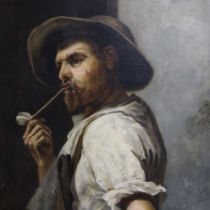 Konstantin Stoitzner (1863-1934): oil on board, man smoking a pipe, 76 x 90 cm. Not available for