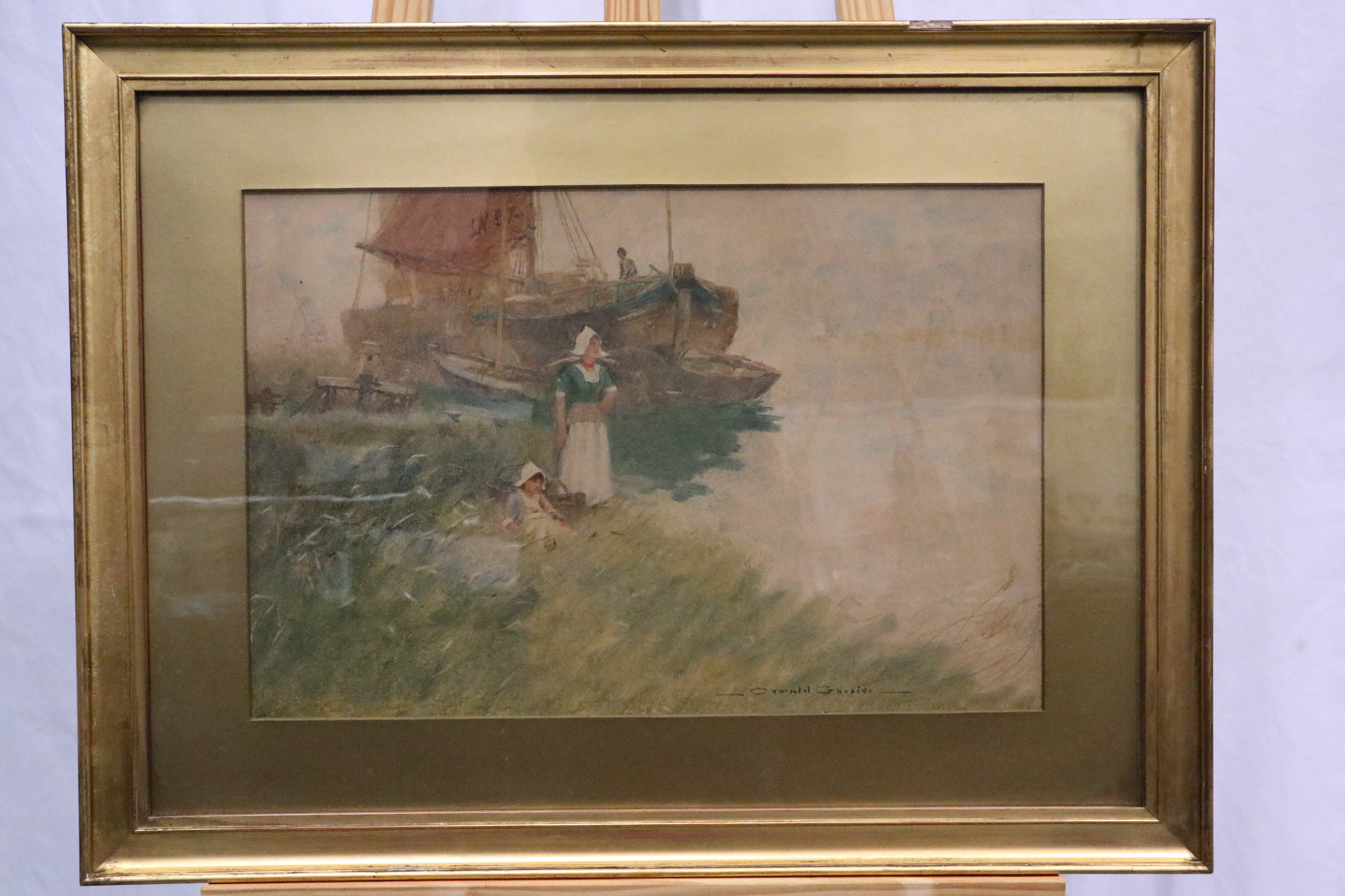 Oswald Garside (1879-1942): watercolour, Dutch barge at its moorings with a women and child on the - Image 2 of 4